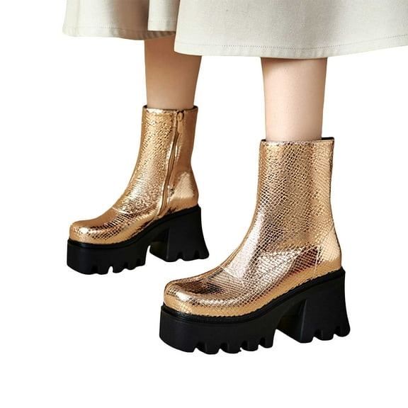 Glitter Metallic Platform Chunky Chelsea Ankle Boots for Women Sparkly Silver Gold Punk Mid Calf Short Booties