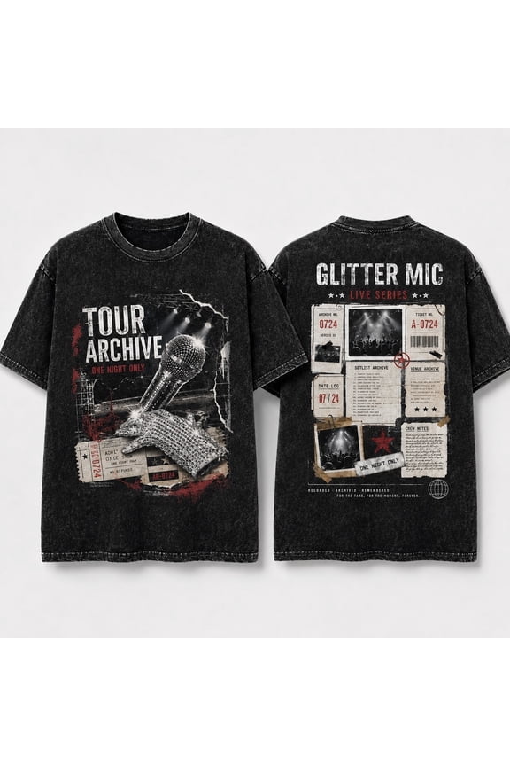 Glitter Mic Tour Archive Washed Graphic T-Shirt, Unisex Classic Fit Heavyweight Cotton Tee