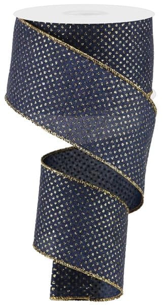 Glitter Micro Dot On Royal Wired Ribbon- Navy Blue Light Gold - 2.5 Inches x 100 Feet
