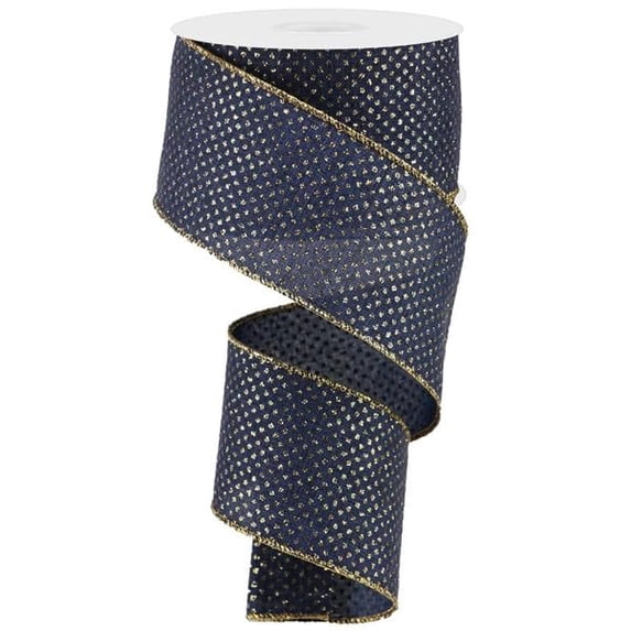 Glitter Micro Dot On Royal Wired Ribbon- Navy Blue Light Gold - 2.5 Inches x 100 Feet