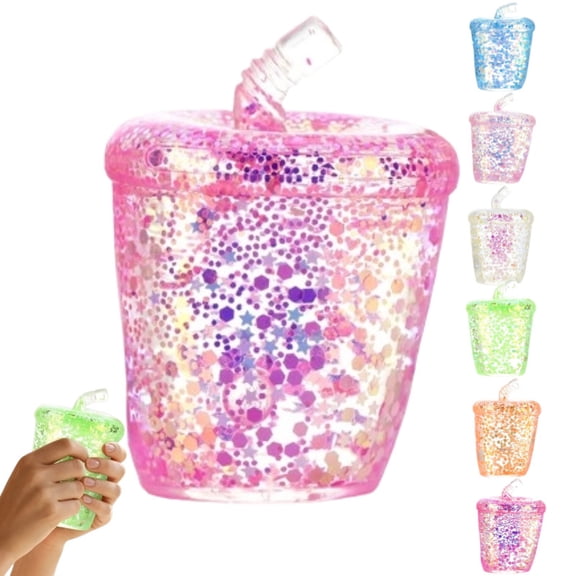 Glitter Milk Tea Cup Squeeze Toys, Soft Slow Rise Squeeze Toys, Sparkling Stress Relief Milk Tea Bottle, Suitable for Adults office Decompression,Hot Pink
