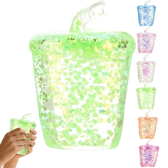 Glitter Milk Tea Cup Squeeze Toys,Sparkling Milk Tea Bottle Shape Stress Relief Sensory Squeeze Toys,Anxiety Relief Gifts for Adults,Green
