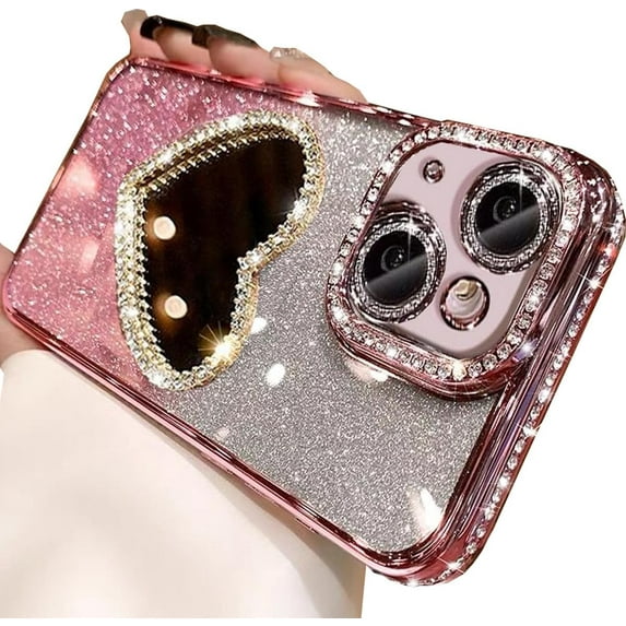 Glitter Mirror Case for iPhone 15 Plus, Luxury Diamond Heart Makeup Mirror Bling Sparkly Rhinestone with Camera Protector Soft Plating Bumper Slim Women Girls Case for iPhone 15 Plus (Pink)
