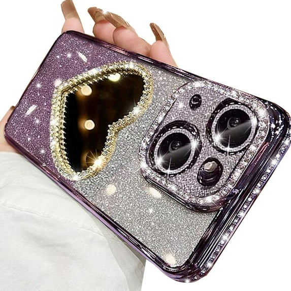 Glitter Mirror Case for iPhone 15 Plus, Luxury Diamond Heart Makeup Mirror Bling Sparkly Rhinestone with Camera Protector Soft Plating Bumper Slim Women Girls Case for iPhone 15 Plus (Pink)