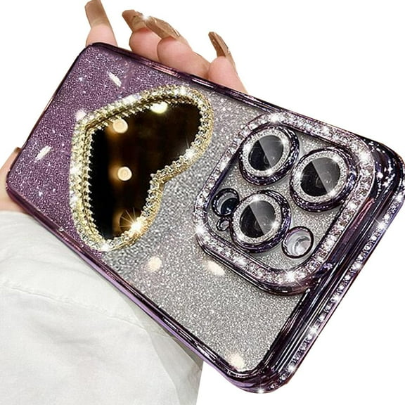 Glitter Mirror Case for iPhone 15 Pro Max,Luxury Diamond Heart Makeup Mirror Bling Sparkly Rhinestone with Camera Protector Soft Plating Bumper Women Girls Case for iPhone 15 Pro Max (Purple)