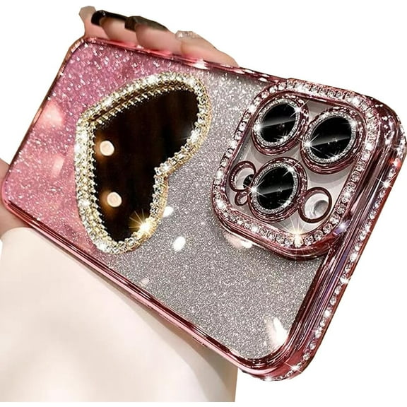 Glitter Mirror Case for iPhone 15 Pro Max,Luxury Diamond Heart Makeup Mirror Bling Sparkly Rhinestone with Camera Protector Soft Plating Bumper Women Girls Case for iPhone 15 Pro Max (Silver)