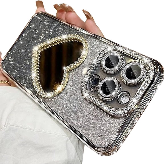 Glitter Mirror Case for iPhone 15 Pro Max,Luxury Diamond Heart Makeup Mirror Bling Sparkly Rhinestone with Camera Protector Soft Plating Bumper Women Girls Case for iPhone 15 Pro Max (Silver)
