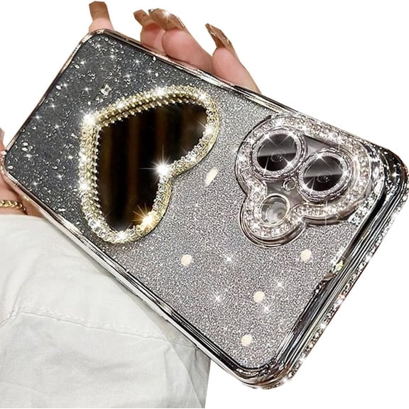 Glitter Mirror Case for iPhone 16, Cute Luxury Diamond Heart Makeup Mirror Bling Sparkly Rhinestone with Camera Protector TPU Plating Bumper Women Girls Phone Case for iPhone 16 6.1" (Silver)