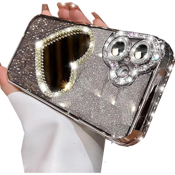 Glitter Mirror Case for iPhone 17,Cute Luxury Diamond Heart Makeup Mirror Bling Sparkly Rhinestones with Camera Lens Protector Plating Bumper Women Girls Phone Case for iPhone 17 6.3", Silver