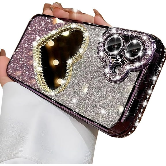 Glitter Mirror Case for iPhone 17,Cute Luxury Diamond Heart Makeup Mirror Bling Sparkly Rhinestones with Camera Lens Protector Plating Bumper Women Girls Phone Case for iPhone 17 6.3",Purple
