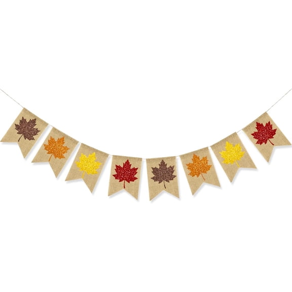 Glitter Multicolor Maple Leaf Burlap Banner, Rustic Jute Pennant Garland for Fall Harvest Thanksgiving Home Fireplace Decorations