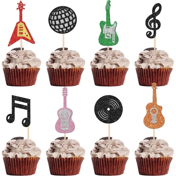 Glitter Music Cupcake Toppers, Guitar, Music Note, Vinyl Record, Disco Ball Picks, Rock Theme Party Decorations, 8 Pack