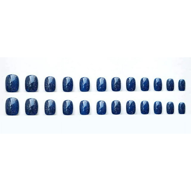 Glitter Navy Blue Press on Nails Aurora Art, Short Square False Nails