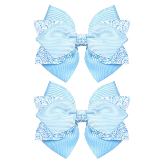 Glitter Navy Blue Ribbon Hair Bows for Girls 2pcs 4in Sparkly Sequin Cheer Bow Alligator Clips for Teens Toddler Kids School Uniform Dance Wedding Dress Accessory Birthday Gift Light Blue
