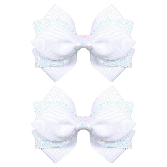 Glitter Navy Blue Ribbon Hair Bows for Girls 2pcs 4in Sparkly Sequin Cheer Bow Alligator Clips for Teens Toddler Kids School Uniform Dance Wedding Dress Accessory Birthday Gift White