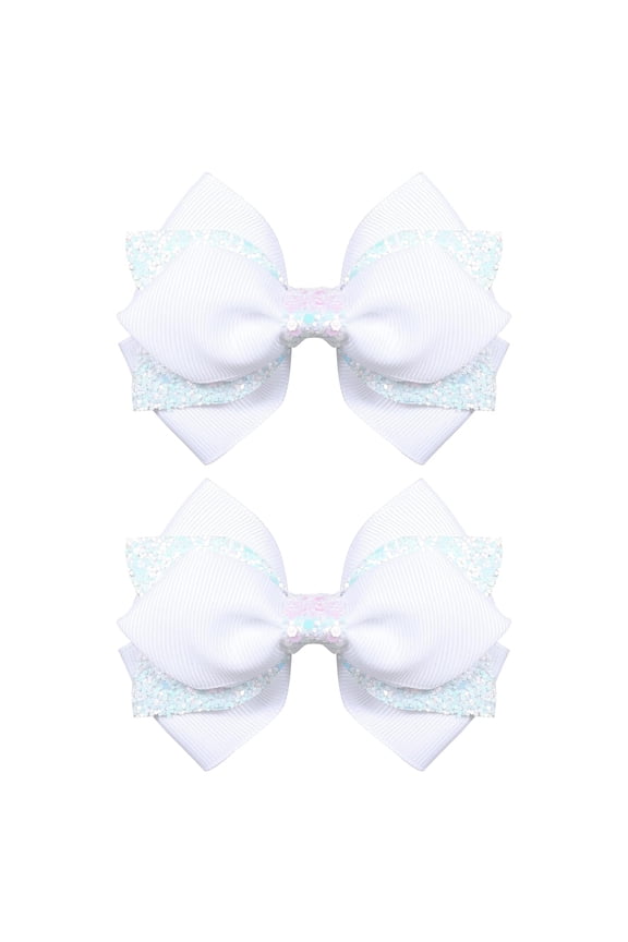 Glitter Navy Blue Ribbon Hair Bows for Girls 2pcs 4in Sparkly Sequin Cheer Bow Alligator Clips for Teens Toddler Kids School Uniform Dance Wedding Dress Accessory Birthday Gift White