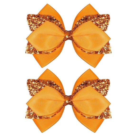 Glitter Navy Blue Ribbon Hair Bows for Girls 2pcs 4in Sparkly Sequin Cheer Bow Alligator Clips for Teens Toddler Kids School Uniform Dance Wedding Dress Accessory Birthday Gift Orange