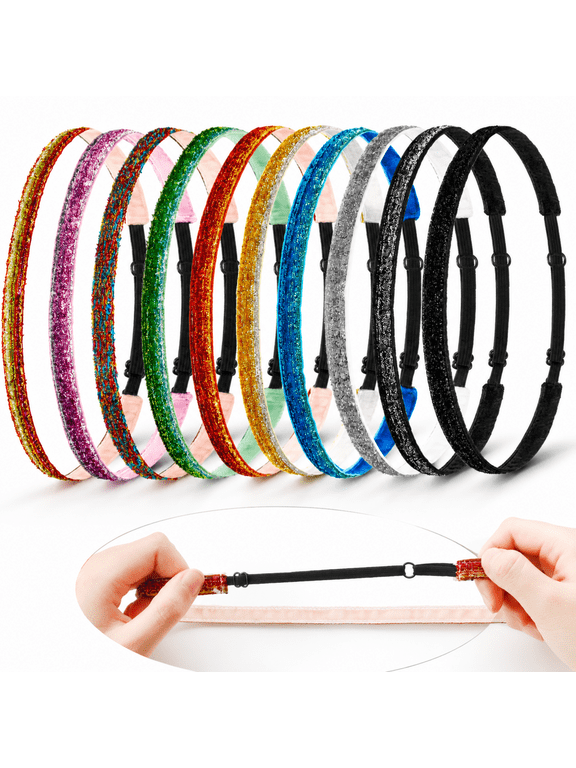 Glitter Non-Slip Elastic Headbands for Women - 10 Pack Velvet Stretchy Headbands for Running, Workout & Party - Thin Sparkly Fabric Hair Accessories