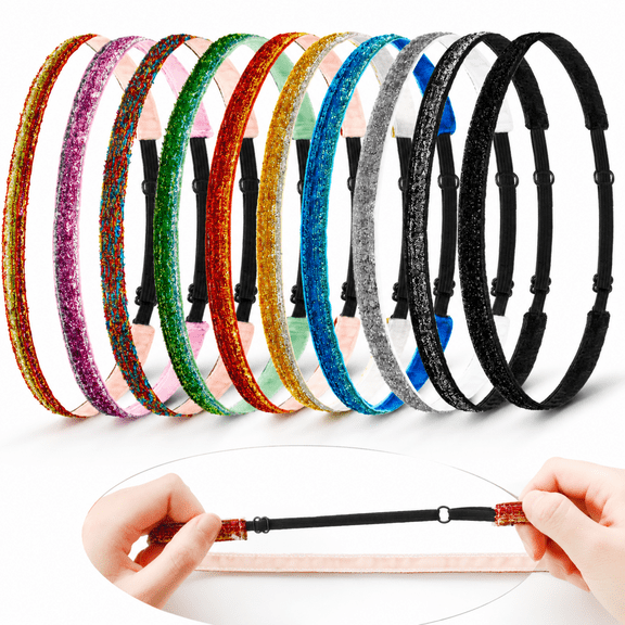 Glitter Non-Slip Elastic Headbands for Women - 10 Pack Velvet Stretchy Headbands for Running, Workout & Party - Thin Sparkly Fabric Hair Accessories