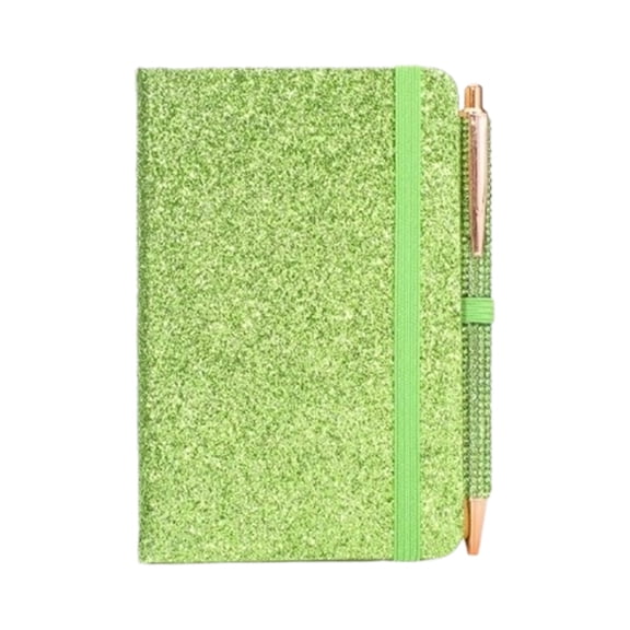 Glitter Notebook and Pen Set, Pocket Size 3.74x5.7 Inch Mini Lined Journal, Sparkly Pocket Diary with Elastic Closure, Green