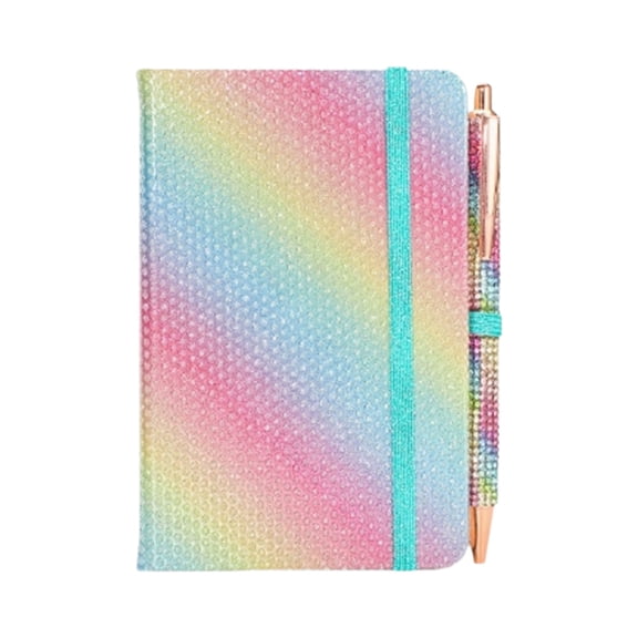 Glitter Notebook and Pen Set, Pocket Size 3.74x5.7 Inch Mini Lined Journal, Sparkly Pocket Diary with Elastic Closure, Rainbow