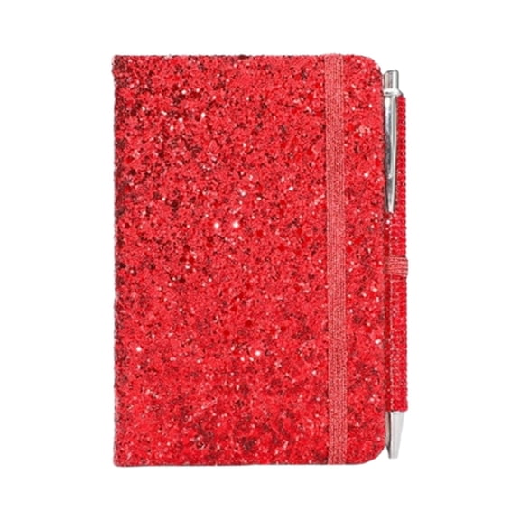 Glitter Notebook and Pen Set, Pocket Size 3.74x5.7 Inch Mini Lined Journal, Sparkly Pocket Diary with Elastic Closure, Red