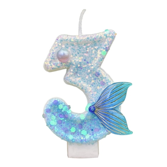 Glitter Number Birthday Candles, Blue Pearls Mermaid Tail Birthday Number Candles for Cakes, Exquisite Birthday Decorations Party Favors Candle Cake Topper(3)