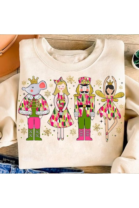 Glitter Nutcracker Christmas Sweater, Preppy Holiday Vibes Brushstroke Tree Nutcracker Sweatshirt