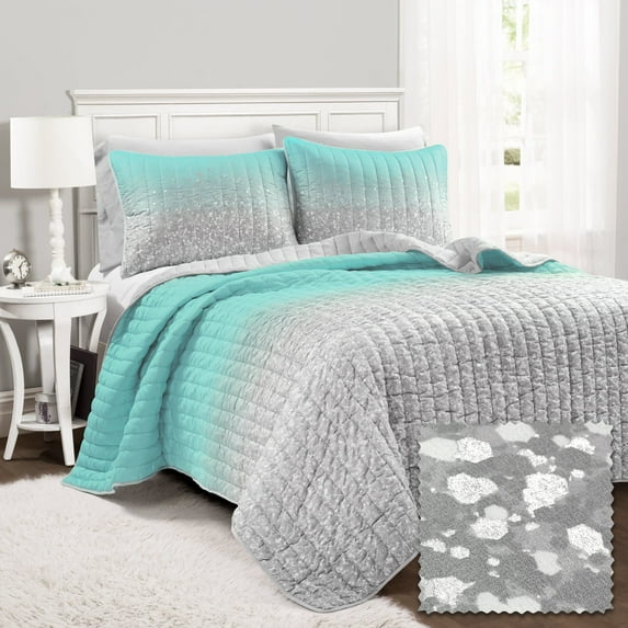 Glitter Ombre Metallic Print Quilt Aqua/Gray 2Pc Set Twin