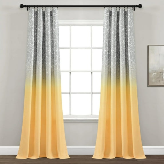 Glitter Ombre Metallic Print Window Curtain Panels Yellow/Gray 52x84 Set