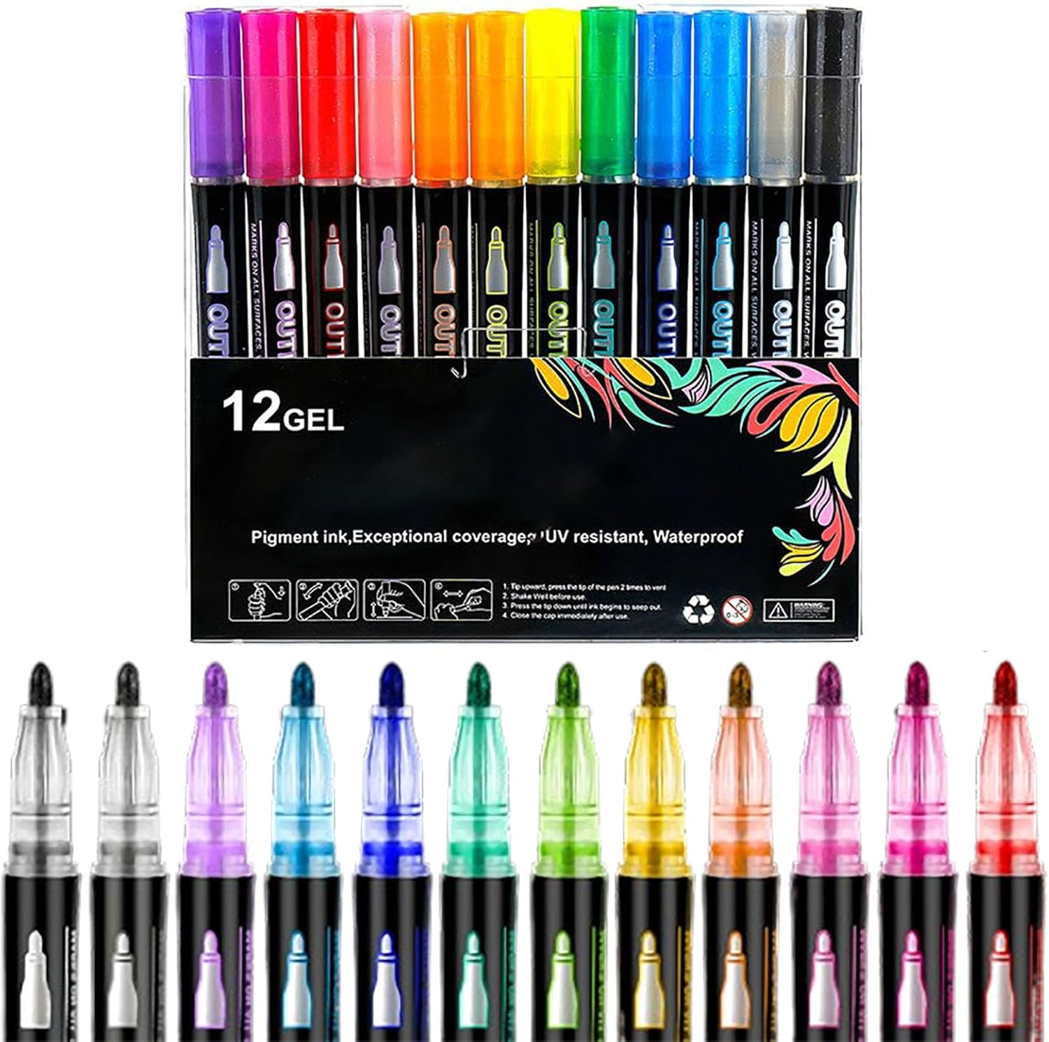 Glitter Outline Paint Markers, Outline Markers Self-Outline Metallic Markers, Outline Shimmering Markers, Double Line Outline Markers, Glitter Gel Pens (12 Colors)