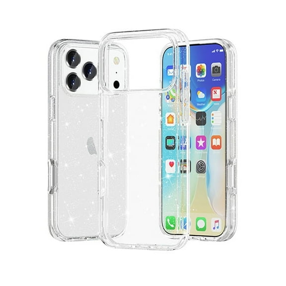 Glitter PC TPU Case for iPhone 17 Pro Max with Additional Tempered Glass Screen Protector Included - Clear