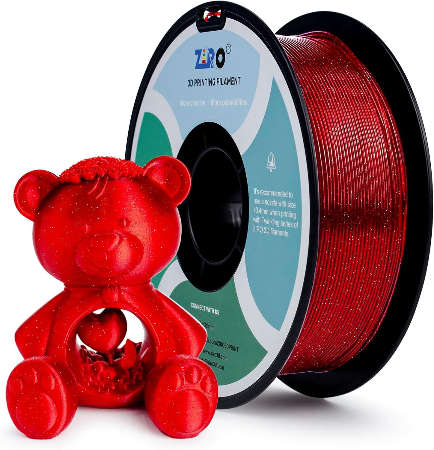ZIRO Glitter PLA Filament 1.75mm, Semi-Transparent Base, 3D Printer Shiny Sparkle Material with Glitter, Twinkle Series 1KG Spool, fit Most FDM Printers, Twinkling Red