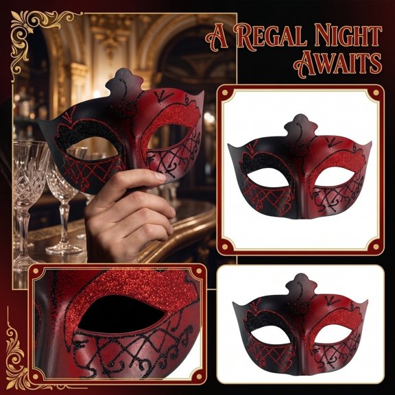 Glitter Painted Half Face Mask for Men, Venetian Style Eye Cover with Filigree Pattern 1-Piece Costume Accessory for Halloween Masquerade Ball Bar Party Performance Red One Size