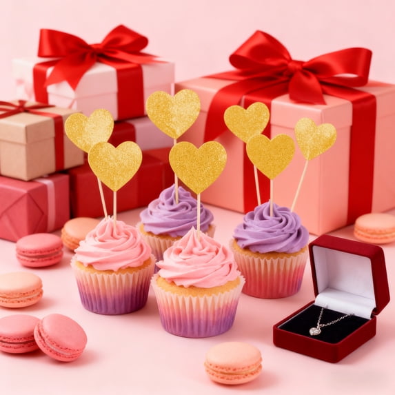 Glitter Paper Heart Flags, 20-Pack Cake Toppers, Edible Toothpick Flags for Cupcakes, Valentine's Day Party Decorations