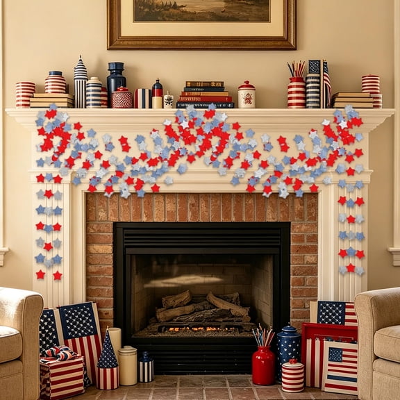 Glitter Paper Star Garland Patriotic Red White Blue Sparkling Double-Sided Streamer Reusable Decoration for Independence Day Parties Home Outdoor Events