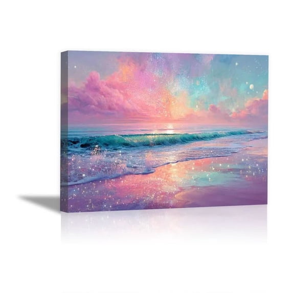 Glitter Pastel Rainbow Seaside Sunset Framed Canvas Wall Art for Dorm Bathroom Apartment Decor, Ready to Hang12"L x 8"W
