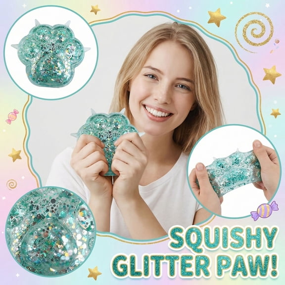 Glitter Paw Squishy Fidget Toy Sparkly Sequined Cat Claw Squeeze Toy Stress Relief Sensory Toy for Kids and Adults Anxiety Relief Fidget Toy for Home School and Office