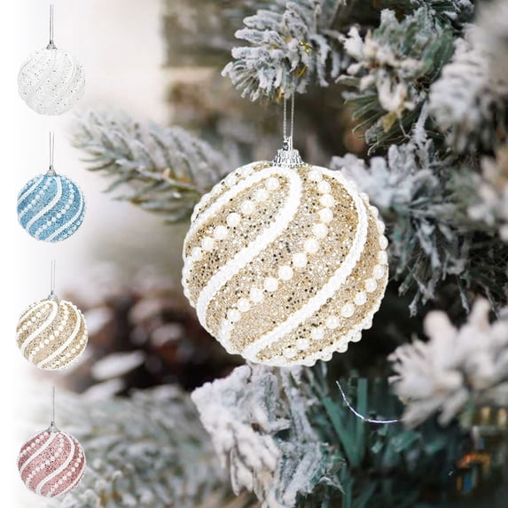 Glitter Pearl Christmas Ball Ornaments ,3.15in Plastic 4 Colors Gold White Pink Blue Hanging Pendants 2‑pack for Xmas Tree Holiday Party Indoor Decor
