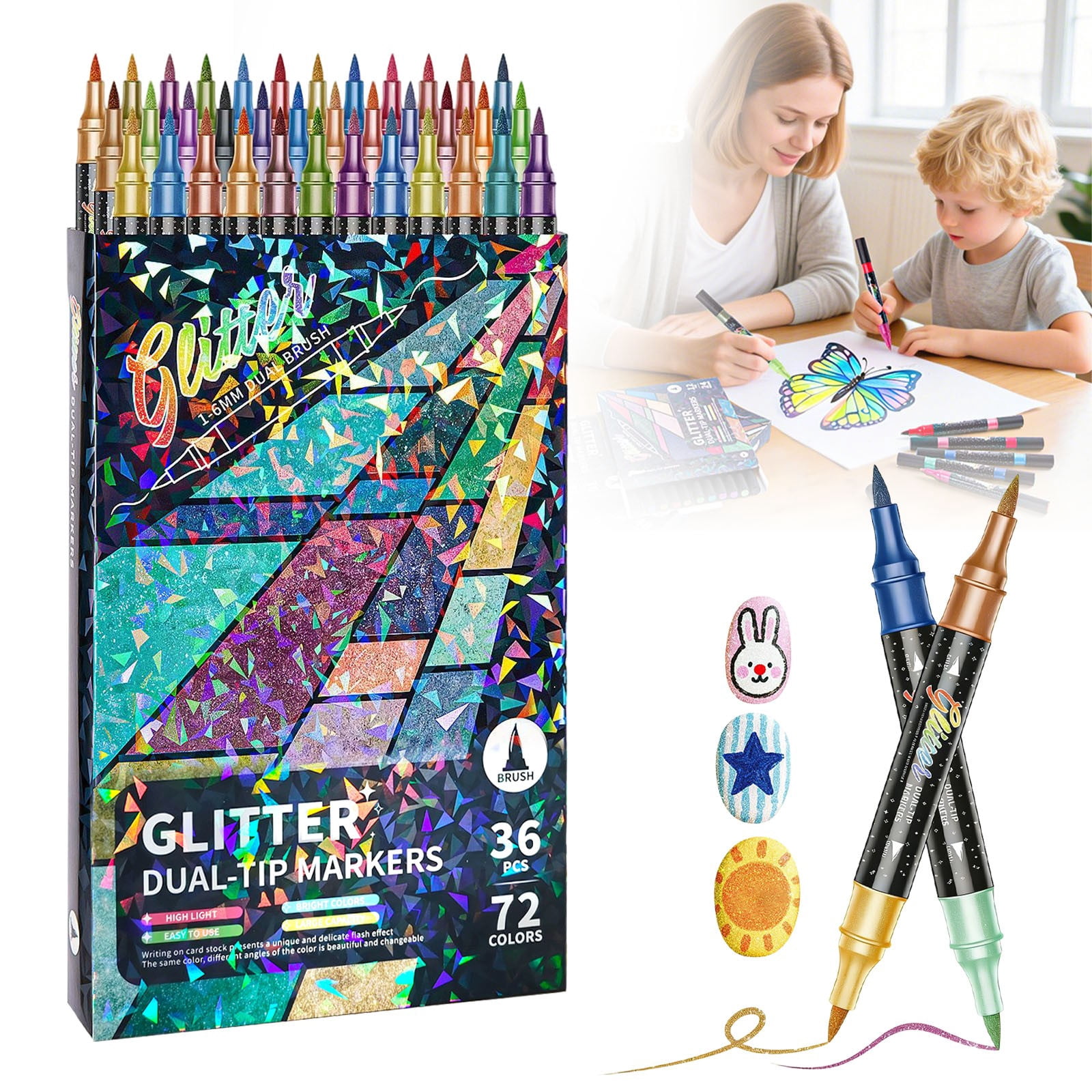 Glitter Pens,Glitter Brush Markers Pens,72 Colors Dual Tip Glitter Pens Set 36 Pack Metallic Sparkle Markers for Cards,DIY Crafts,Doodle,Writing,Adults Coloring Books,Art Supplies Scrapbooking