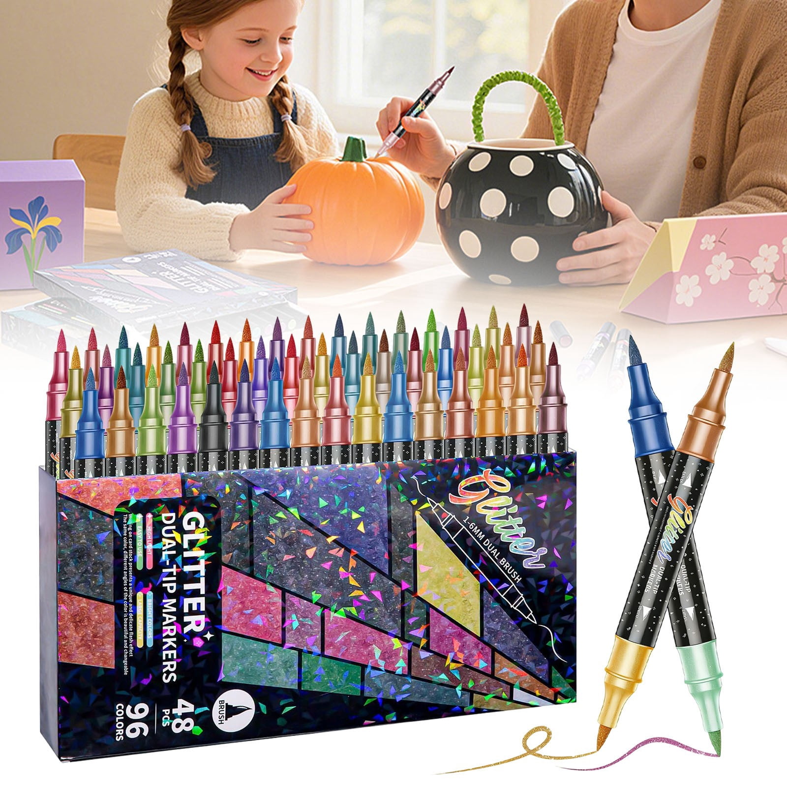 Glitter Pens,Glitter Brush Markers Pens,96 Colors Dual Tip Glitter Pens Set 48 Pack Metallic Sparkle Markers for Cards,DIY Crafts,Doodle,Writing,Adults Coloring Books,Art Supplies Scrapbooking