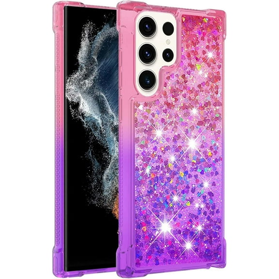 Glitter Phone Case for Samsung Galaxy S24 Ultra Case Clear Silicone for Women Girls, Cute Gold Cover Samsung S24 Ultra Case Shockproof Aesthetic Durable Bumpers (Pink-Purple)