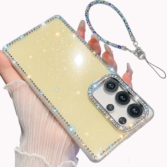 Glitter Phone Case for Samsung Galaxy A17 5G, with Colorful Bling Hand Strap Lanyard & Diamond Embossd Luxury Cover for Women, Yellow