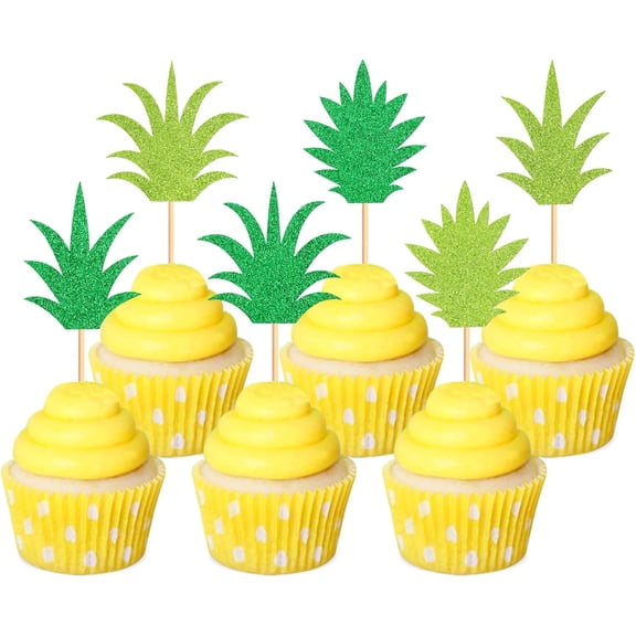 Glitter Pineapple Cupcake Toppers, Green, Hawaiian Luau Tropical Theme, Birthday Party Decorations, 12 Pack
