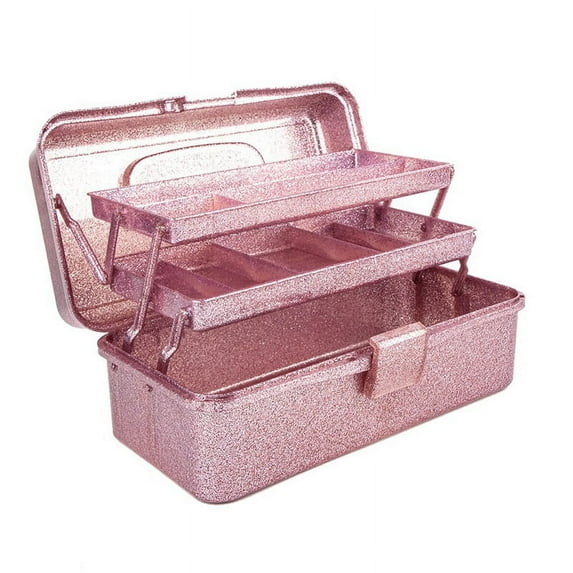 Glitter Pink & Craft Tool Storage Box,3-Layer Stackable Carry Tackle Box Sewing Organizer for Art