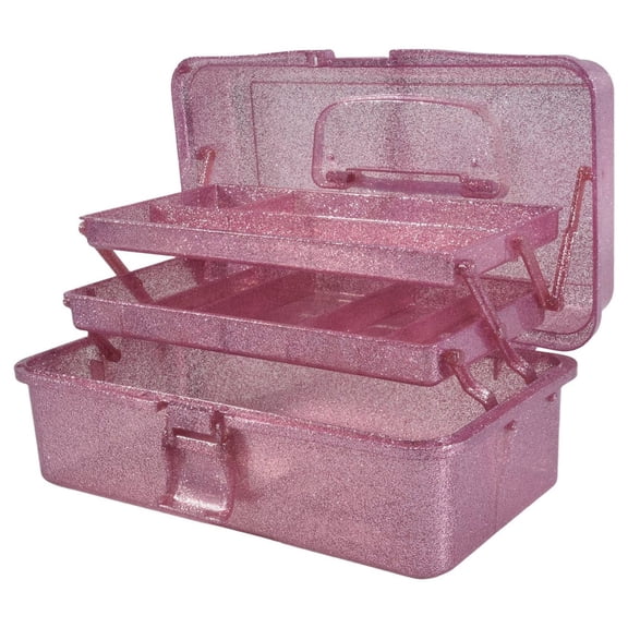 Glitter Pink & Craft Tool Storage Box,3-Layer Stackable Carry Tackle Box Sewing Organizer for Art