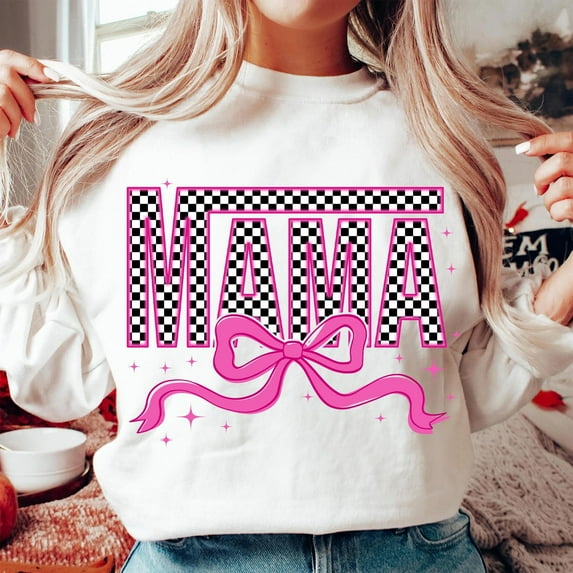 Glitter Pink Mama Coquette Bow Sweatshirt, Mama Checkered Crewneck, Mama Varsity Pullover, Pink Mama Sweatshirt, Mini & Mama Leopard Shirt