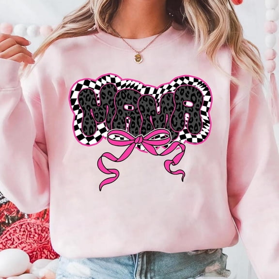 Glitter Pink Mama Coquette Bow Sweatshirt, Mama Checkered Pullover, Mama Varsity Shirt, Pink Mama Sweatshirt, Mama Bow Leopard Shirt