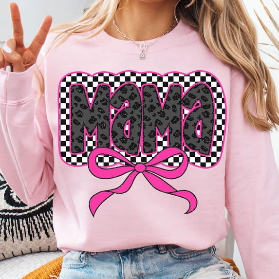 Glitter Pink Mama Coquette Sweatshirt, Checkered Bow Mom Crewneck, Leopard Mini & Mama Pullover Gift