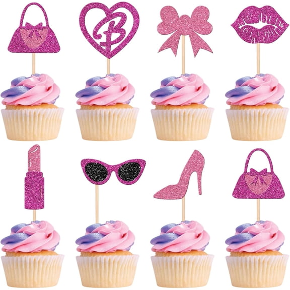 Glitter Pink Princess Cupcake Toppers, 8 Pack, Handbag, Bow, Lipstick, High Heel, Glasses Picks for Birthday, Bridal Shower